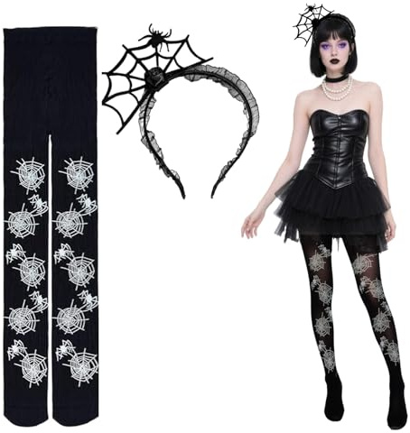 Wqafe Halloween Spinnen Kostüm Damen Set, Halloween Karneval Kostüm Spinnenweben Strumpfhose, Spinnennetz Strü Zubehör Spinnen-Haarband, Fledermaus Kostüm Damen, Fledermaus Masken