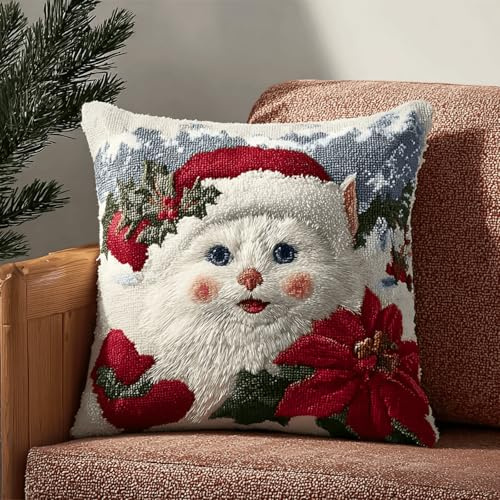 Kit de Coussin au Point Noué 43x43cm,Housse de Coussin à Broder DIY,Tapis à Nouer pour Débutants et Adultes,Kits de Broderie au Crochet,Décoration de Noël à Faire Soi-même(Chat et cadeau de Noël)