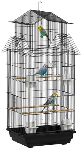PawHut Cage à Oiseaux Design Maison mangeoires perchoirs 3 Portes Plateau excrément Amovible + poignée Transport 50,5 x 41 x 104 cm Noir