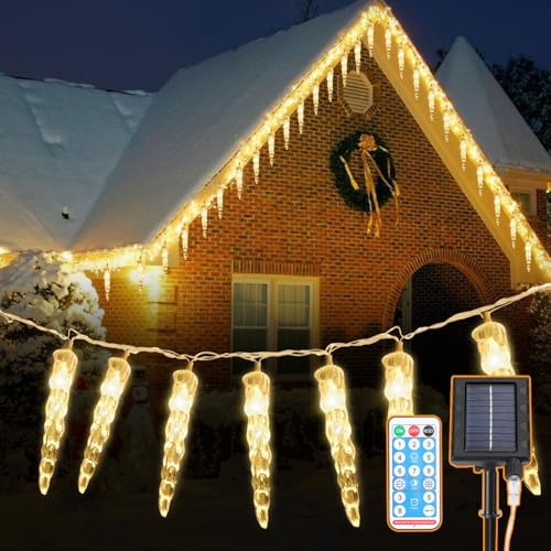 Jaxguom Solar Eiszapfen Lichterkette mit Fernbedienung, 10M, 80 LEDs, 8 Modi & Timer für Warmweiß Außenbeleuchtung, Ideal für Weihnachtsdeko, Garten & Hochzeit | 8 Modi & Timer für vielseitige Stimmungen. Perfekt für Weihnachtsdeko, Garten, Balkon & Außen.