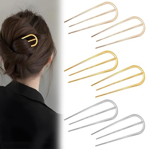 6Pcs French Hair Pin, Gold French Hair Sticks for Women, 3-Prong Alloy Hairpins for Updos, Buns & French Twist, Prestige HairPins for Wedding, Bridal & Daily Use, Secure Hold