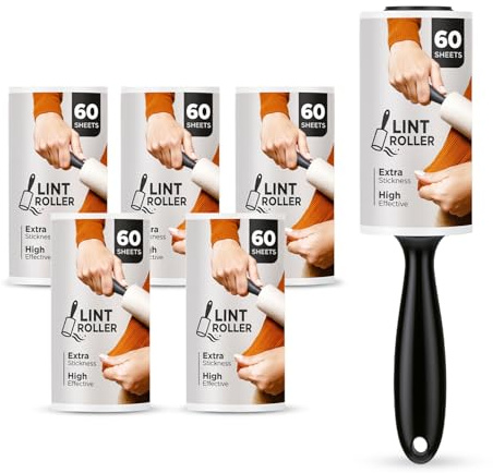 Roe Tenpo 6 Pack Lint Roller with 1 Replacement Handle, 360 Easy Peel Sheets, Lint Remover for Dust & Fluff from Clothes, Pet Hair Remover, Furniture, Carpet