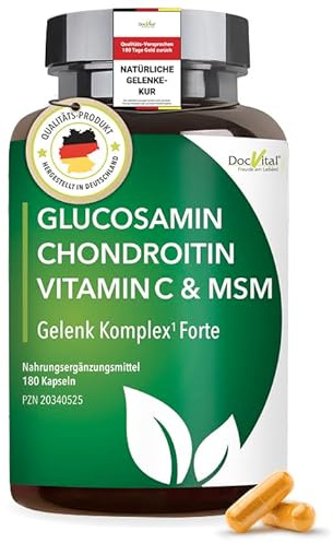 DocVital® Glucosamin Chondroitin MSM Kapseln hochdosiert, 180 Stück | Gelenkkapseln mit Hyaluronsäure, Vitamin C & Kurkuma, für Gelenke & Knorpel, Made in Germany