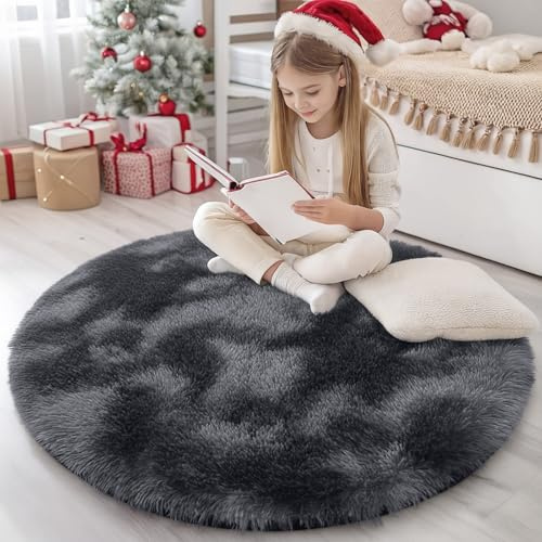 Homaxy Hochflor Tie Dye Klein Teppich Wohnzimmer 120 cm Rund, Dunkelgrau | Rutschfest Waschbar Teppiche, Flauschig Modern Teppich fürs Kinderzimmer, Schlafzimmer