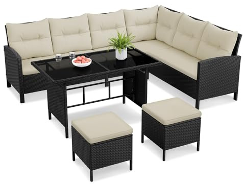 Yaheetech Set Mobili da Giardino in Rattan PE con 1 Divano ad Angolo 1 Tavolo 2 Pouf, Mobili Esterni 7 Posti con Cuscini per Patio Balcone Terrazza, Nero e Beige