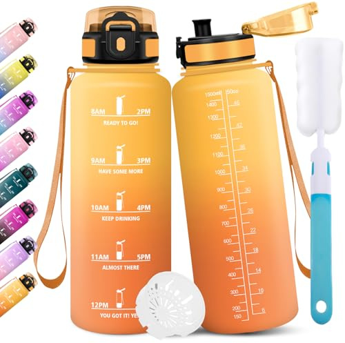 Motswedi Borraccia 1.5l, Borraccia Palestra, a Prova di Perdite Bottiglia acqua, Include Spugna di Pulizia, Motivazionale Bottiglia Plastica, per Palestra, Ciclismo, Giallo ambrato & Arancione