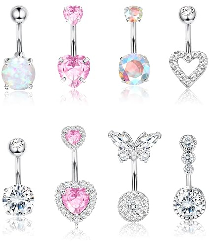 Dochais 8 Pcs 14G Piercing Ombligo Acero Quirurgico Cubic Zirconia Navel Piercing Hipoalergénicos Set Piercings Acero Inoxidable Piercing Ombligo Oro/Plata/Oro Rosa