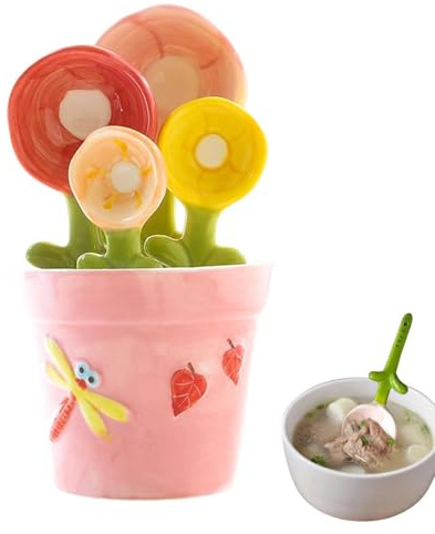 Niedliche Messlöffel | Dekoratives Keramik Blumen Messlöffel Set | Messbecher und Löffel Küchen Set | Präzises Abmessen für Kaffee Kochen Backen Küche Zuhause Haus Tisch Innenbereich Küchenutensilien
