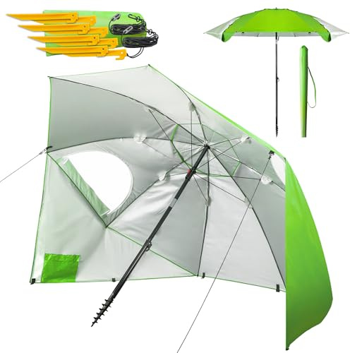 Menz Sonnenschirm Strand windfest stabil Ø 220 cm - Funktionale UPF 50+ Sonnenschirm Muschel, Strandschirm mit Seitenwand, Sonnenschutz Strand, Fb. Grün