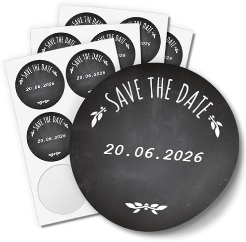 24 runde Design Etiketten mit DATUM personalisiert - SAVE THE DATE Tafel-Look - Datum individuell eingeben - für Hochzeit, Geburtstag, Feier, Einweihung
