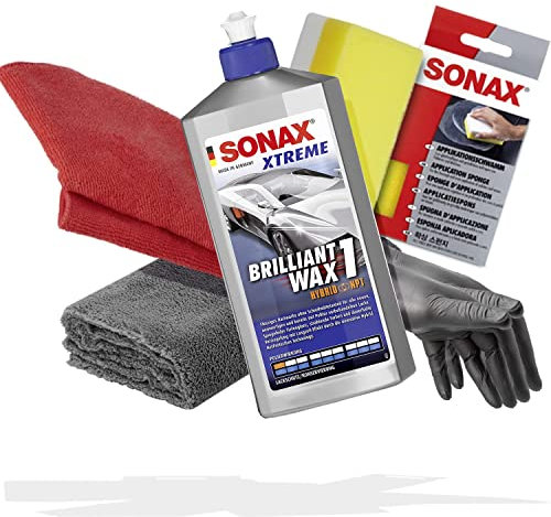 Detailmate Handpolitur Set: SONAX XTREME Brilliant Wax 1, 500ml + Mikrofasertuch + Apllikationsschwamm + ultraflausch Poliertuch + Schutzhandschuhe