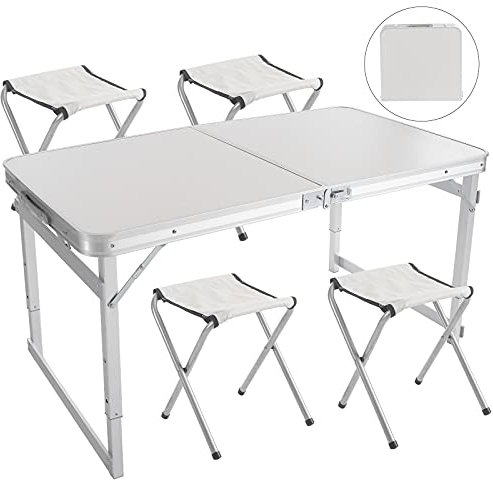Rainberg Camping Table Set with Chairs, Outdoor Indoor Use, White, Foldable, Portable, Multipurpose, 4FT Heavy Duty, 120x60cm, Rectangular, Requires Assembly