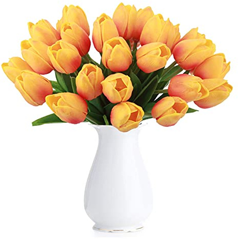 HAOSHICS Tulipanes artificiales falsos de Holanda, ramo de flores de látex para boda, hogar, hotel, fiesta, jardín, multicolor, 10 unidades (color atardecer)