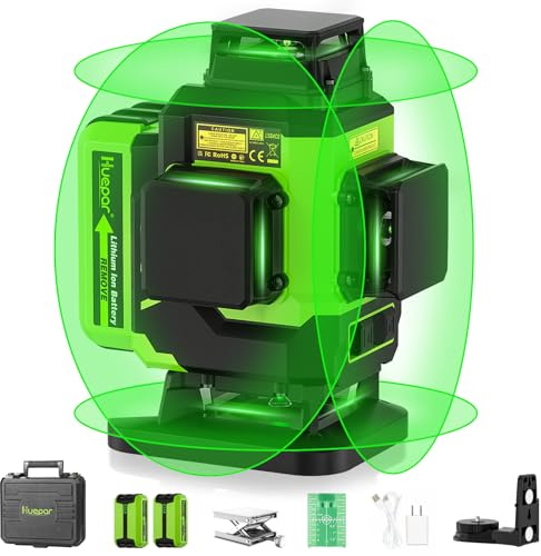 Huepar Laser Level 360 Self Leveling, Rechargeable Green Laser 4x360° Cross Line Lazer Leveler 4D Level Laser Tool for Construction with Two Li-ion Batteries, Magnetic Bracket &Hard Carry Case -LS04CG