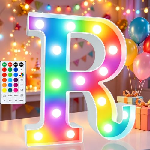 Light Up Colorful LED Marquee Letter Lights, 18 Colors Changing Alphabet Letters Sign with Remote Timer for Night Light Wedding Birthday Party Lamp Christmas Home Bar Decor- Colorful R