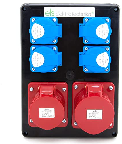 ELS Elektrotechnika Distributore da parete nero 4 x 230 V + 1 x CEE 16 A + 1 x CEE 32 A, distributore da giardino, presa a parete, distributore di corrente locale per officine, fabbriche, ambienti