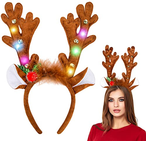 MCPINKY Reindeer Antlers Headband, LED Deer Antlers Headband with Bells Light Up Christmas Reindeer Hairband Reindeer Ears Headband for Kids Adult Christmas Cosplay Party Favors