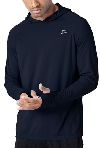 WILLIT Sudadera con capucha para hombre UPF 50+ protección solar Rashguard con capucha, manga larga, SPF, pesca, exterior, correr, senderismo, ligera, azul marino, M