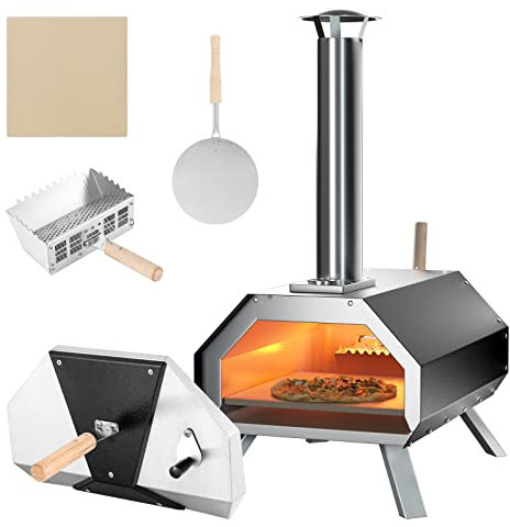 GOPLUS Four à Pizza Pieds Pliables à 3 couches en Acier Inoxydable avec Thermomètre, Plaque à Pizza, Pierre à Pizza, Four à Pizza Portable au Feu de Bois pour Extérieur, Arrière-cour, Camping