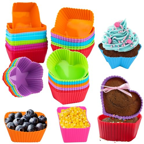 Silikon Muffinförmchen, 60 Stück, 4-Formen, -40 °C - 230 °C | Wiederverwendbar, Antihaftbeschichtet, BPA frei, Cupcake Förmchen, für DIY Backen, Muffin, Dessert