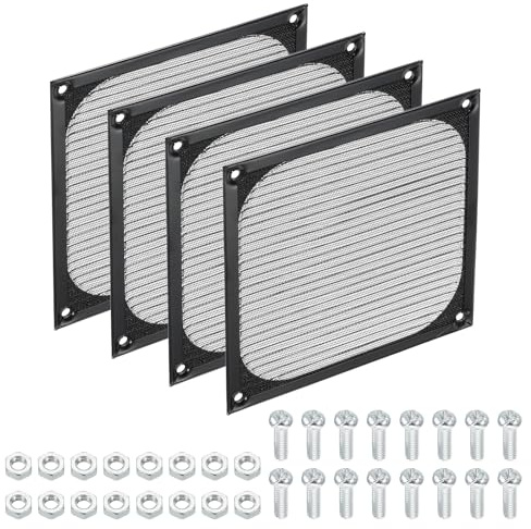 PATIKIL 140 mm datorfläktfilter galler med skruvar, 4 stycken aluminiumgaller med nät i rostfritt stål dammskydd för dator, fläkt, svart