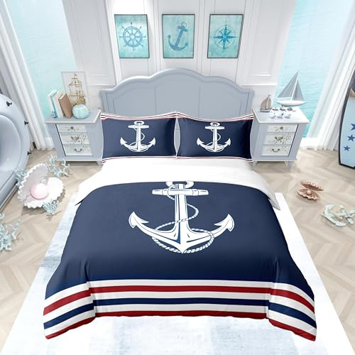 Homemissing Ancre Literie Set Marine Bleu 100% Coton Housse de Couette 200x200cm Femmes Ultra Doux Aventure Marine Parure de Lit océan Ensemble de lit Chambre Ensemble de Literie