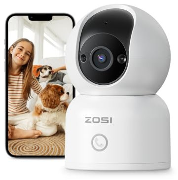 ZOSI Telecamera Casa Wi-Fi Interno, 2MP Videocamera Sorveglianza, Visione Notturna, Audio Bidirezionale, 360° Visuale, Rilevamento di Persone/Movimento, Chiamata con un Tocco, C518