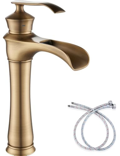 Maynosi Mitigeur Cascade Haut Lavabo, Robinet Salle de Bain Bec Rétro, Robinetterie Pour Vasque en Laiton, Robinet Lavabo Cascade, Chaud et Froide avec Tuyaux Flexibles (Laiton Antique)