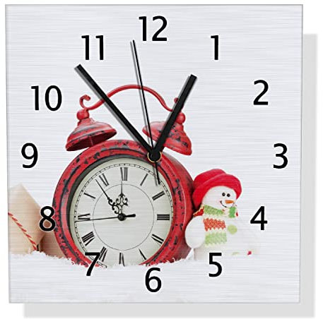 Wallario Design Wanduhr Wecker mit Schneemann und Geschenken aus Aluverbund, Alu-Uhr Größe 30 x 30 cm, Schwarze Zeiger mit Metalloptik