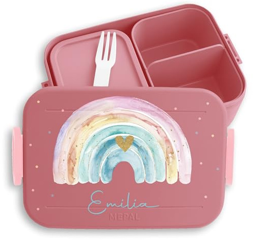 Kinder Bento Box Midi Lunchbox für Mepal Bentobox - Regenbogen mit Name Kindergarten Geschenk Grundschule Regenbogenmotiv personalisiert I - 900 ml - Rosa - brotdose mädchen brotbox schule rainbow