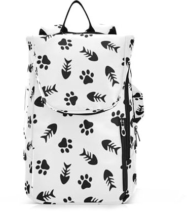 Tennisschläger-Balltasche, wasserabweisend, 2 Schläger, Tennis-Büchertasche, Turnbeutel für Damen, Herren, Jugendliche, Katzen-Fußabdrücke, Fischgräten, Schwarz / Weiß