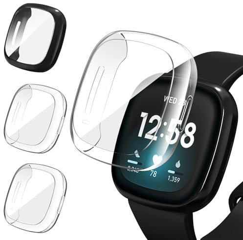 ivoler 3 Stücke Hülle mit Schutzfolie für Fitbit Versa 3 / Fitbit Sense, Vollständige Abdeckung Stoßfest Kratzfest Schutzhülle Ultradünne Weiche TPU Displayschutz Case, 2 Klar + 1 Schwarz