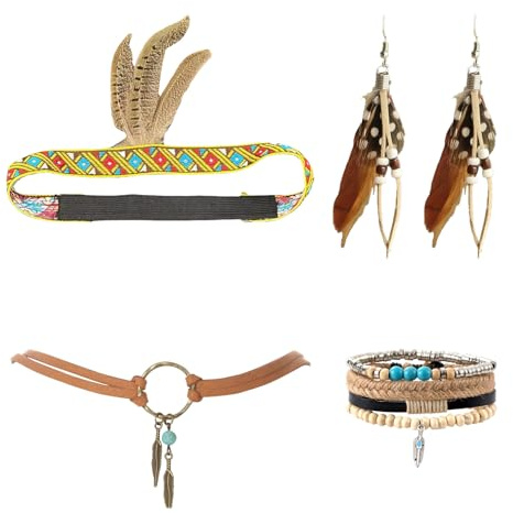 Lufdegim 4 Stück Indianer Kopf Schmuck Set, Damen Vintage Stirnband Federschmuck Haarband Feder Anhänger indianer Accessoire für Mottoparty Karnevals Kostüm Zubehör