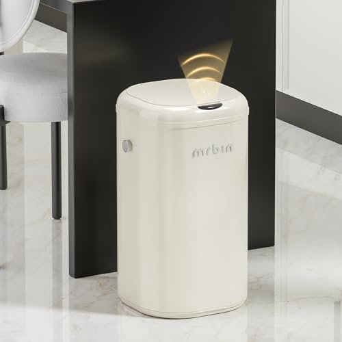 MRBIN Cubo de basura de metal con sensor de movimiento extraíble para cocina, 30 litros, bolsa de absorción automática con tapa con ruedas, cesta de basura comercial para oficina y dormitorio, baño,