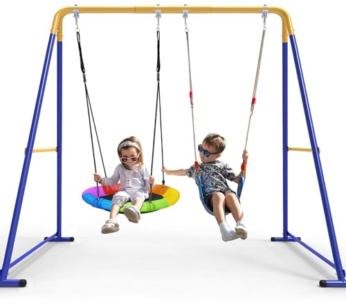 Swing Sets for Backyard, Toddler Swing Set with 1 Saucer Swing & 1 Belt Swing, 440lbs Heavy-Duty Swing Frame w/8 Ground Stakes, A Frame Outdoor Swingset for Kids and Adults for Backyard
