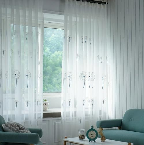 Fenstervorhang Gardinen 2er Set Blau Weiß Voile Pusteblume Bestickt H229 x B107 cm (2er Pack) Gaze