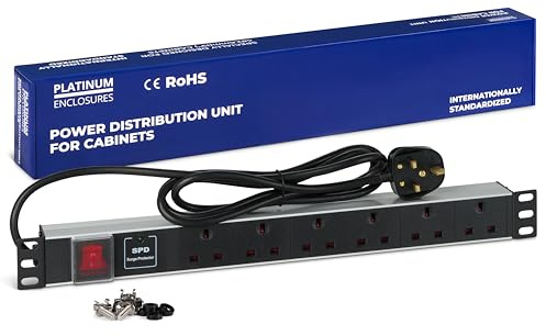 Platinum Enclosures, 6 way UK Horizontal Surge Protected PDU Extension Lead- 13A Multi Plug,Switched Power Distribution Unit Rack Mount,1.8 M Cable for Home Office 19 Inch PDU Server Cabinet UK