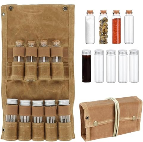 Casenly Outdoor Gewürztasche, Tragbare Gewürztasche mit 9 Gewürzgläsern, Faltbarer Camping Gewürz-Aufbewahrungstasche, Reisegewürzset für Grillen, Picknick im Freien