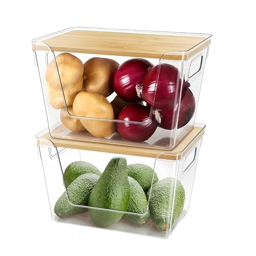 2 Set Stackable Storage Bins with Bamboo Top, Pantry Organizers and Storage | Trash Bag Holder Dispenser, Fridge Organizer for Fruit, Onion, Potato, Produce, Vegetables
