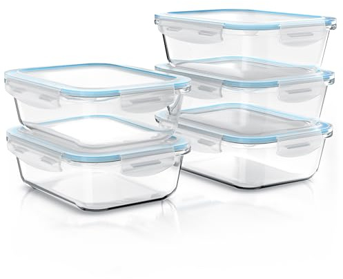 Arendo - Glas Frischhaltedosen Vorratsdosen für Lebensmittel mit Deckel luftdicht - 5er Set - 1050 ml - für Mikrowelle Ofen Gefrierschrank - Spülmaschinen geeignet - Lunchboxen Meal Prep Boxen Set