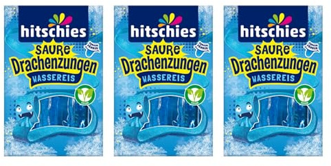 3x Saure Drachenzungen Wassereis Blau – Blaue Himbeere – Megasauer & eiskalt genießen – Hitschies Wassereis-Highlight für den Sommer + Heartforcards Sticker