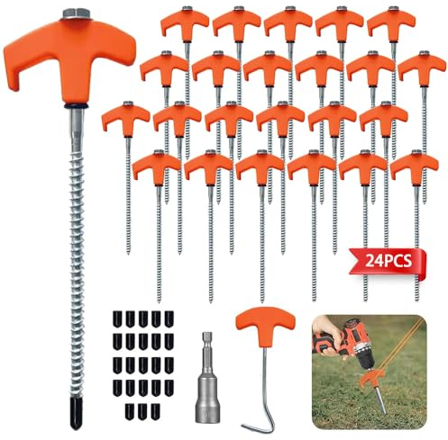 24 Stück Schraubheringe Camping, Drehbare Zeltheringe zum Schrauben mit Gewinde, Camping Heringe Schrauben, Heringe Erdnägel Stabil für Harten Boden,Wald, Wiesen, Gras Robust & Stark