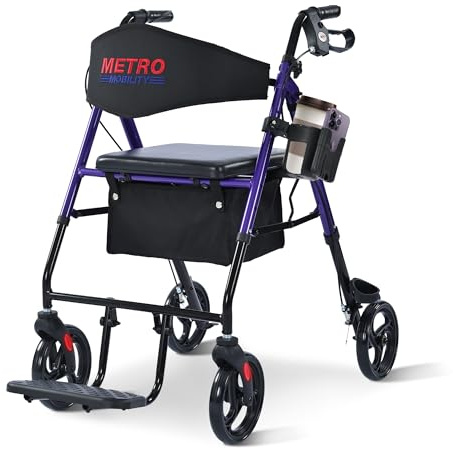 Metro Mobility 2 in 1 Rollator Walker & Transport Wheelchair, Foldable Lightweight Rollator Walker with Seat for Seniors, 8 Big Wheels for All Terrain, 300 lb. Weight Capacity, Purple