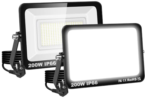 RIGIDON 2x Foco LED Exterior, 200W 20000LM Foco Proyector LED con Enchufe | 6000K Blanco Frío, IP66 Impermeable, Iluminación de Seguridad, Reflector Floodlight para Jardín Patio Garaje Hof Terraza