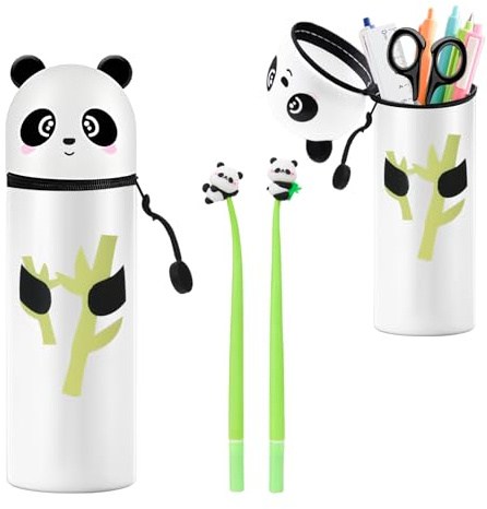XXHUO Kawaii Federmäppchen Panda Aus Silikon + 2 Panda-Stiften, 2 in 1 Silikon Mäppchen Pencil Case Faltbar Und Wasserdicht Schulmäppchen Mit Stifte Für Jungen Und Mädchen Schul-Homeoffice-Bedarf