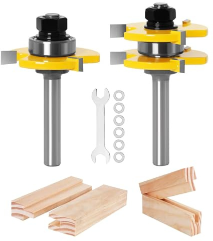 TOTOWOOD Tongue and Groove Router Bit Set 1/4 Inch Shank, 2 Pieces 3 Teeth T Shape Wood Milling Cutter, 1/2Inch Cutting Depth，3/4Inch Stock，Woodworking Tools