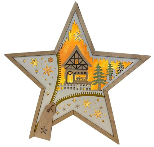 Wichtelstube-Kollektion LED Weihnachtsstern aus Holz, 35 x 34 x 6 cm, Warmweiße Beleuchtung, Batteriebetrieben, Naturholz
