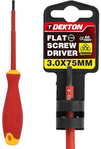 DEKTON Slotted VDE Screwdriver SL 0.5x3.0x75mm – VDE Certified to EN IEC 60900:2018 | Tested to 1000V | Chrome Vanadium Shaft with Corrosion-Resistant Tip | Ergonomic Dual-Colour Handle