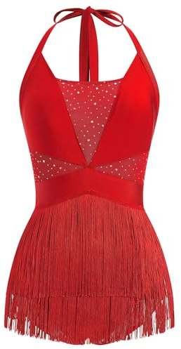 IMEKIS Women's Jazz Latin Dance Dress Halter Neck Glitters Fringe Tassel Leotard Dancewear Samba Rumba Salsa Tango Stage Performance Costume Red S