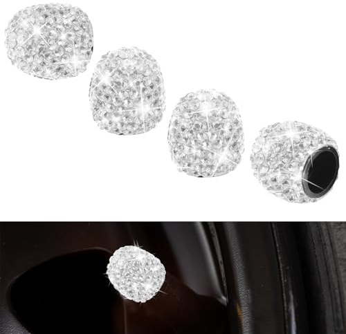 4Stück Ventilkappen Auto,Universelle Kristall Diamant Glitzer Strass Reifenventilkappen,Strass Ventilkappen Fahrrad,Ventilschaftdekoration für Autos,Kfz-Reifenventilstecker mit Strasssteinen (Weiß)